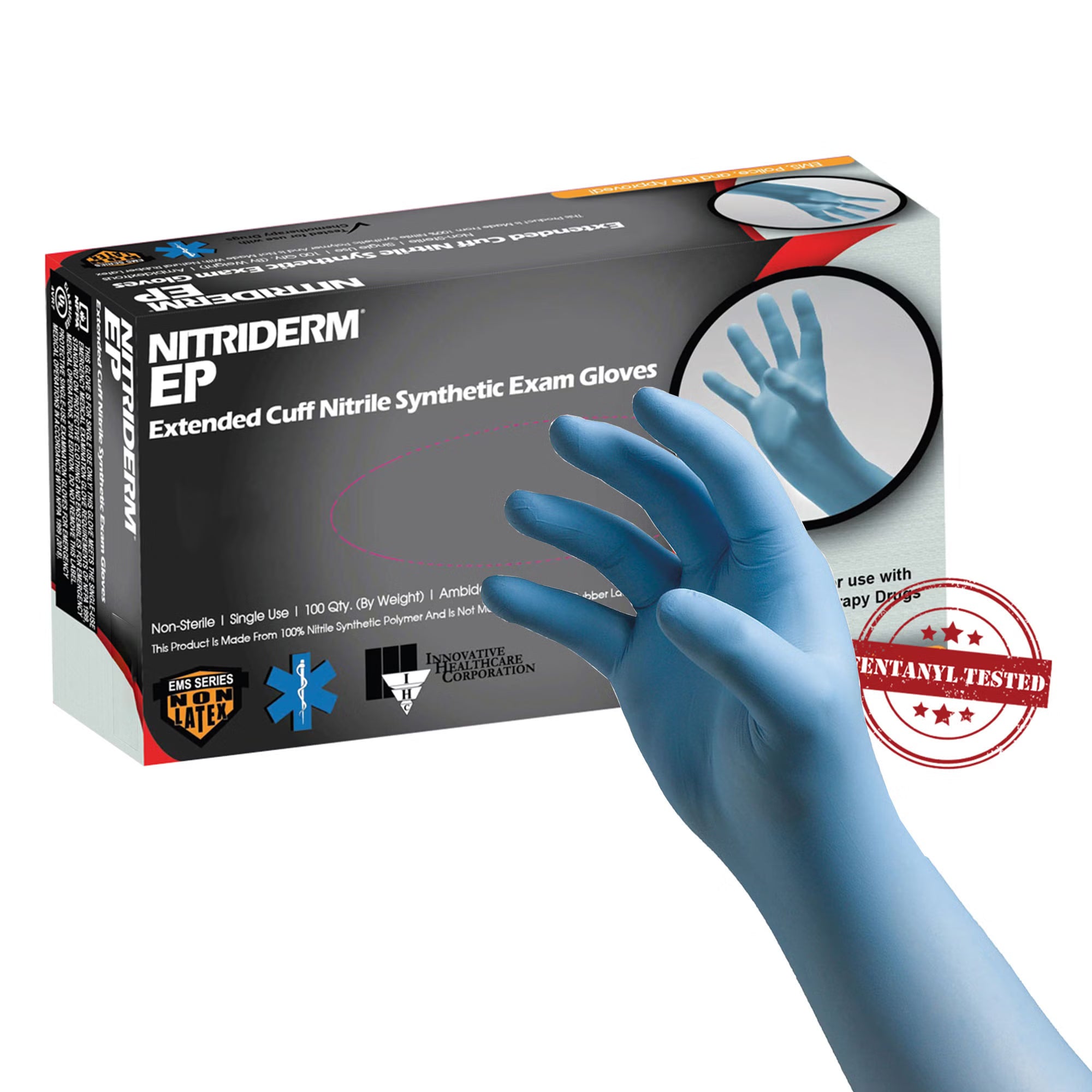 Exam Glove NitriDerm® EP 2X-Large 100 per Box NonSterile Nitrile Extended Cuff Length Fully Textured Blue Chemo Tested / Fentanyl Tested